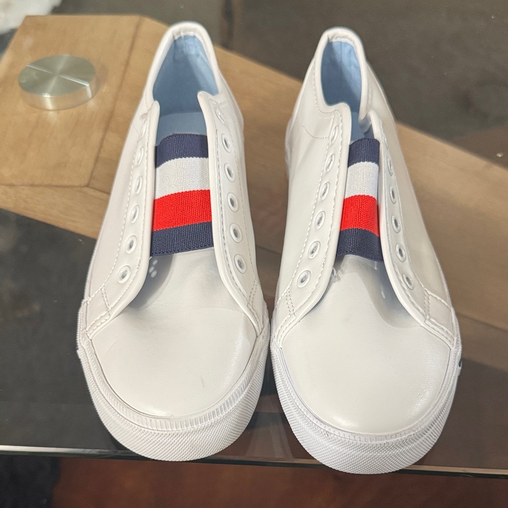 Tommy Hilfiger White Slip-On Sneakers with Red and Blue Stripes